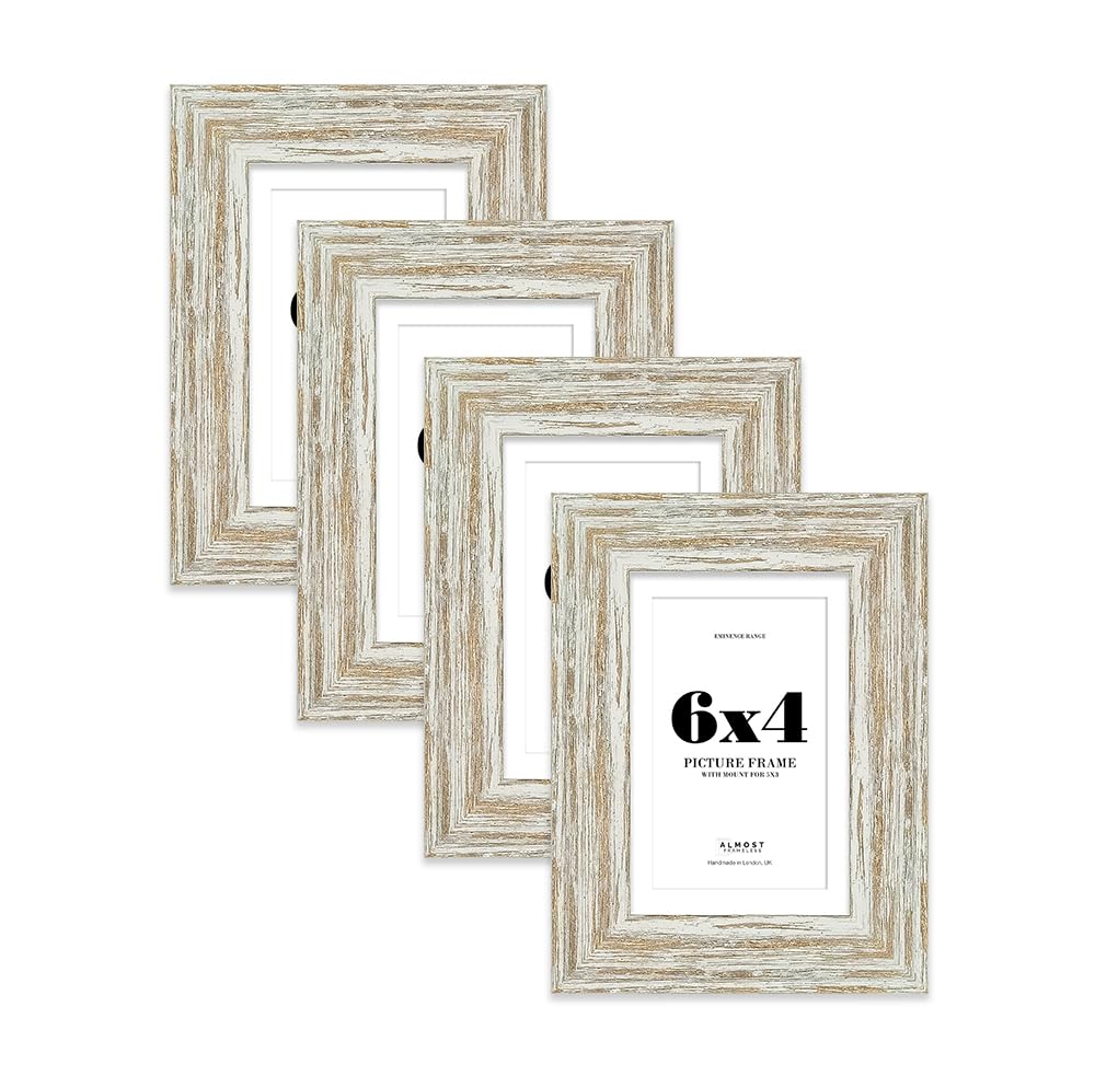 6x4" Distressed White Oak Picture Frame with 5x3" Mount - Rustic Photo Frame with Distressed Finish, Wall Hooks and Kickstand, 32mm Edge - 4 Pack โ image 1