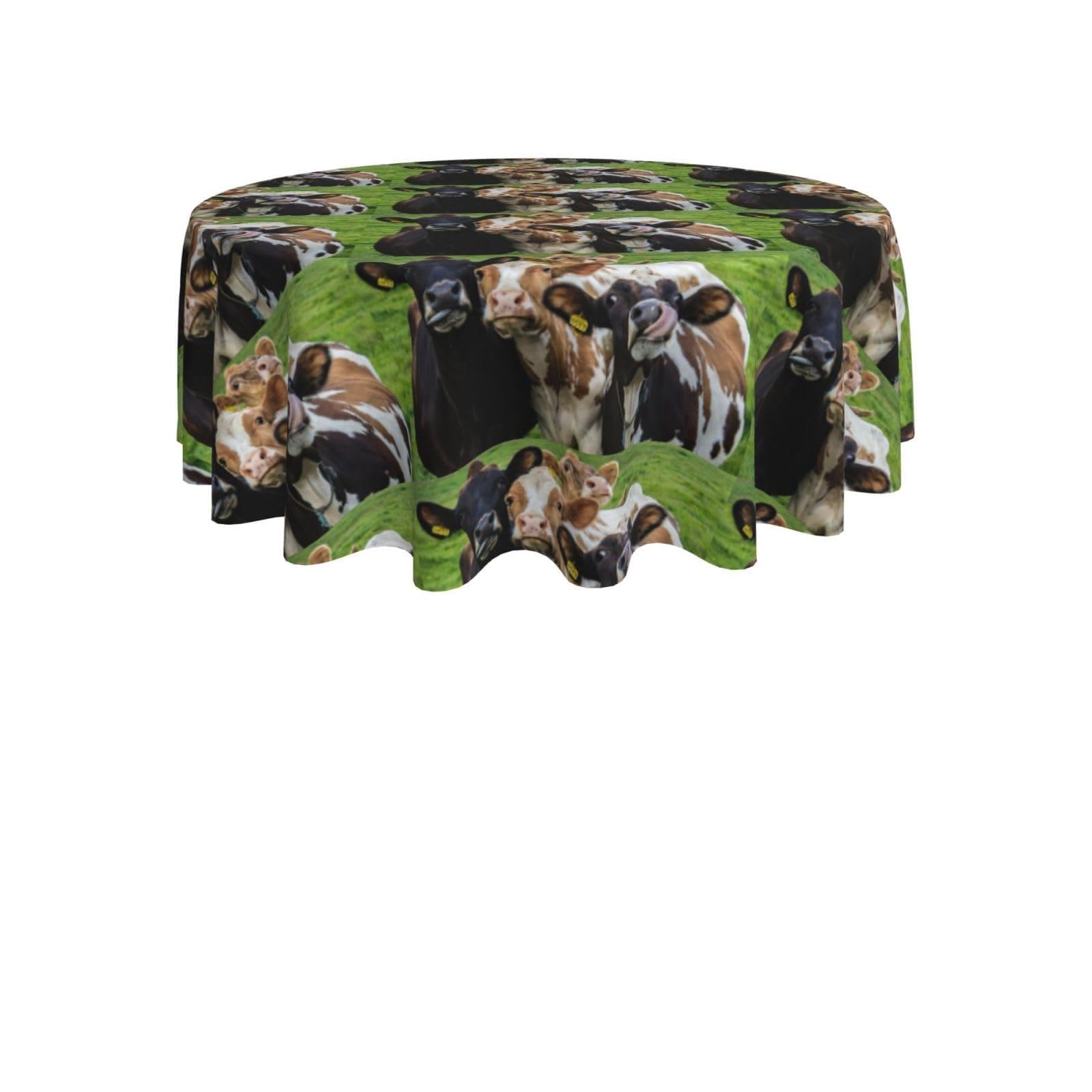 ENGhjes Cow Grassland Print Round Tablecloth 60in Washable Stainproof Polyester Cloth for Kitchen Idea