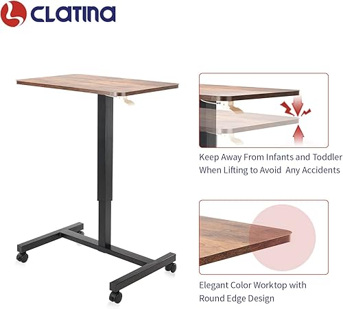 Miniatura 5 de CLATINA Escritorio portátil neumático para laptop, mesa de sentado a pie, altura ajustable, carrito rodante con ruedas bloqueables para oficina en
