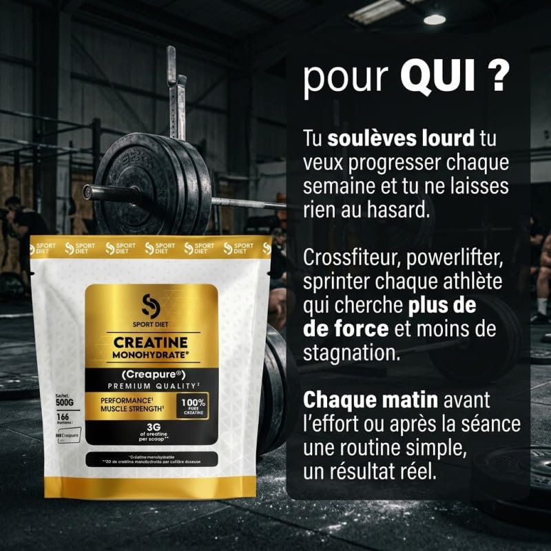 CRÉATINE MONOHYDRATE CREAPURE – Poudre Ultra-Pure 500g – 3g par Portion – Puissance, Explosivité, Performance – Sans Impuretés – Idéal Musculation, Cross-Training, Sports Intenses – SportDiet
