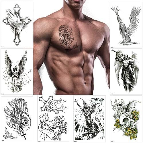 Temporary Tattoos for Men Women Black Large Catholic Cross angel Tattoo Sticker Body Art Makeup Half Arm Fake Tattoo Waterproof (Pattern 2)
