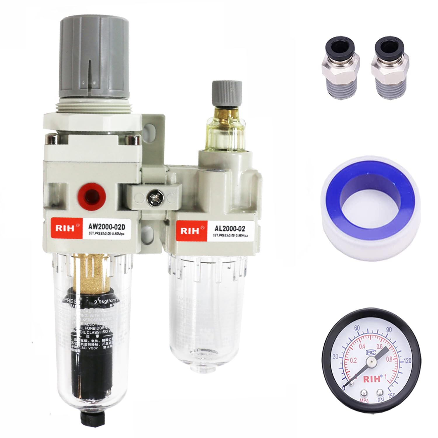 RIH Pneumatics Compressed Air Filter Regulator Lubricator Combo Water/Oil Trap Separator - Gauge(0-150 psi), Semi-Auto Drain, Poly Bowl,Bracket - 3 in