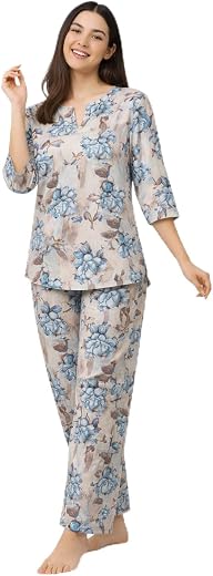Duchess Women's Viscose Cotton Rayon Printed Night Suit Top and Pajama Set
