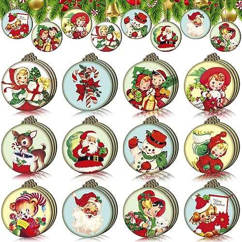 Image of 24 Pcs Christmas Wood Ornaments Vintage Christmas Decorations for Tree Xmas Santa Claus Bell Candy Cane Wood Cutout Winter Hanging Tag Sign Christmas Decor for Christmas Tree Holiday Party Home