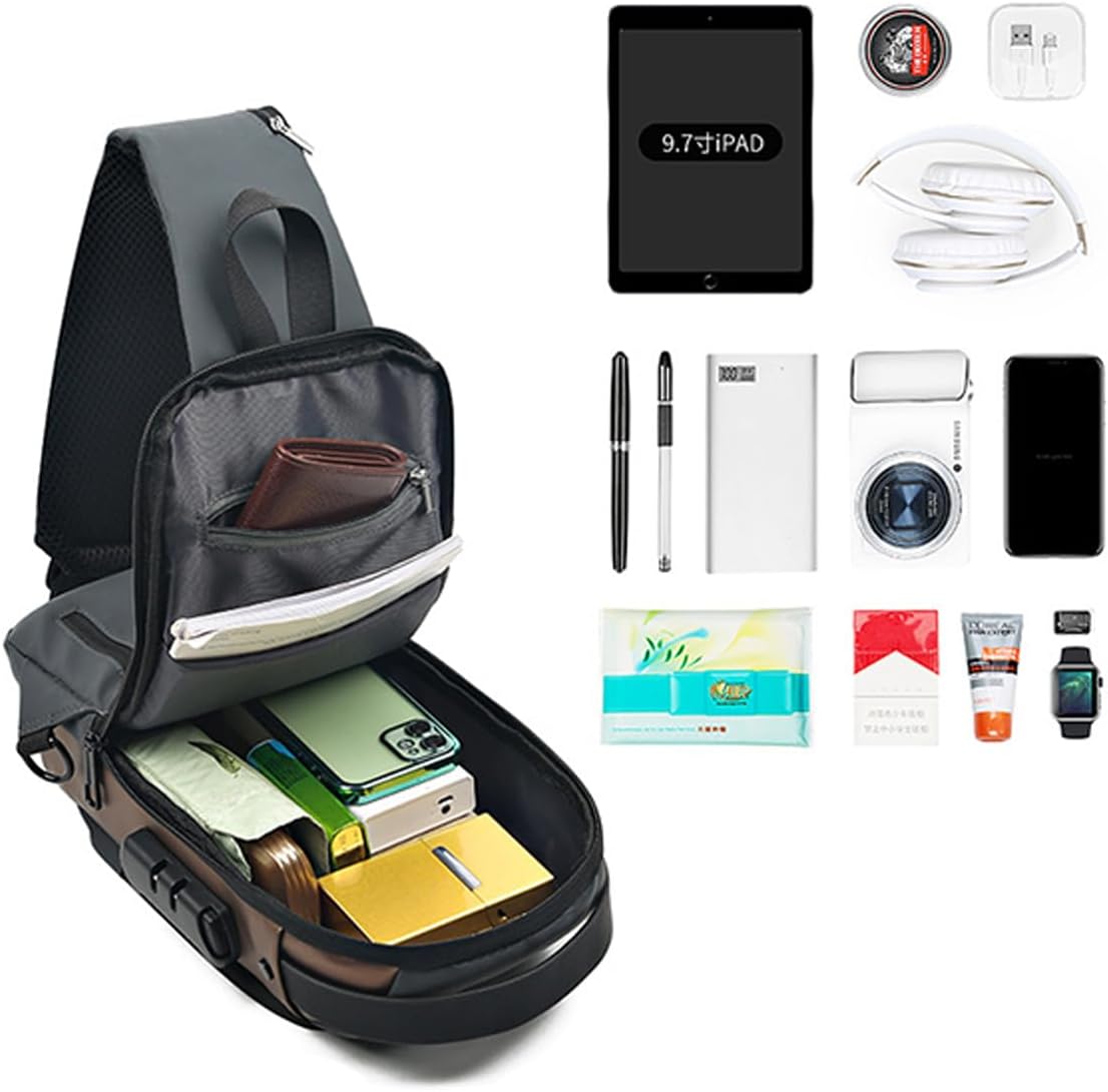 GLOOMALL Men's Crossbody Bag Fashion Chest Bags Anti Theft Sling Bag Medium Capacity PU Leather Shoulder Bag with USB Charging Port (Black Gold) - Image 4