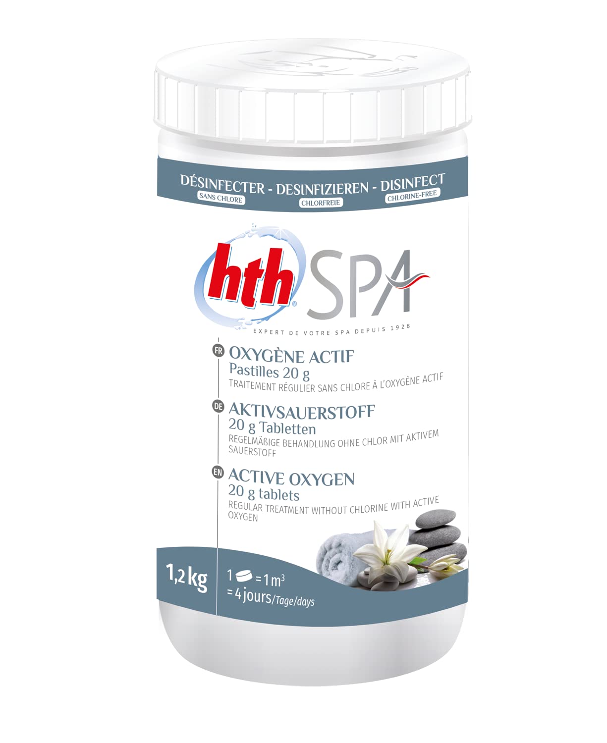 HTH Spa OXYGENE Actif Pastilles 20g - 1,2kg | Désinfection Régulière sans Chlore - Dissolution Rapide + 10 Tests HPS OFFERTS 6 en 1