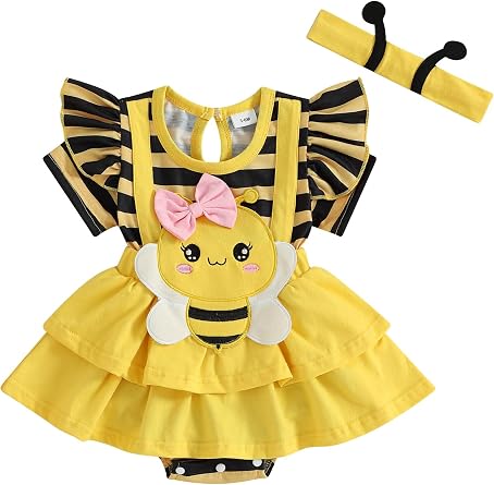 Sujhwsx Newborn Baby Girl Cute Bee Outfit Striped Bee Patch Tiered Ruffle A-Line Romper Dress with Headband Clothess
