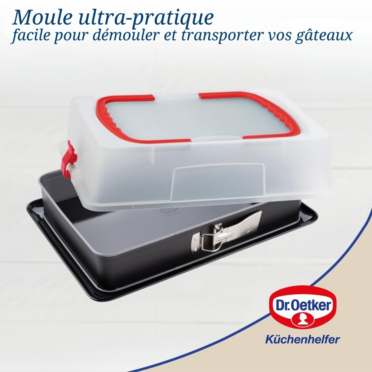 Dr. Oetker 1123 Moule à charnière rectangulaire couvercle de transport, plat a lasagne rectangulaire, moule à gâteau rectangle, plat au four, plat lasagne, Acier, Plastique, 42 x 29 x 7 cm