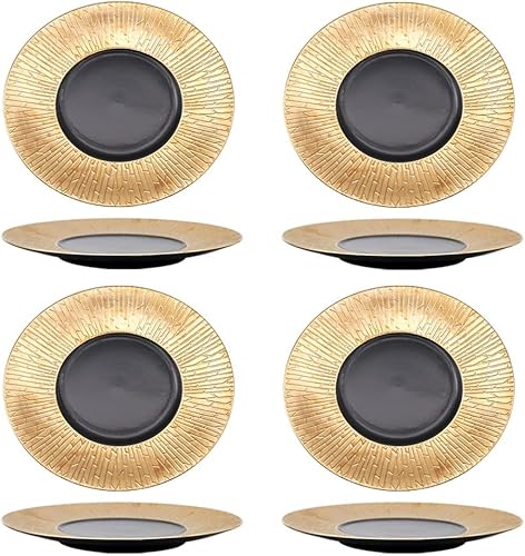 MAXLYA Juego de platos de cena, moderno plato plano de cerámica dorada en relieve dorado con patrón de bambú tridimensional, placa de comedor para