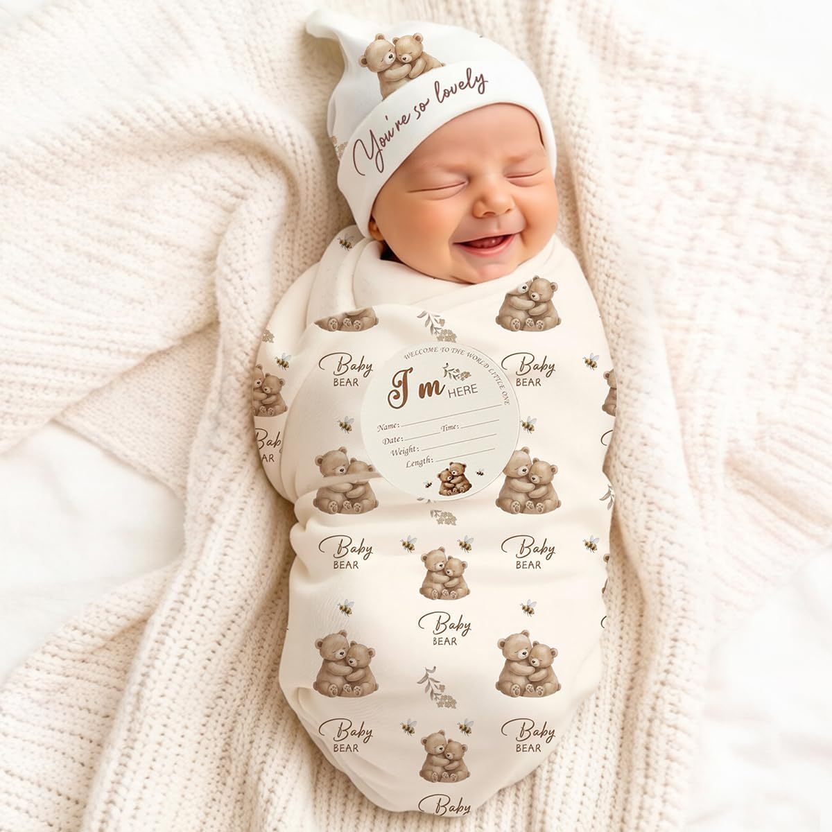 Ylsteed Newborn Receiving Blanket Headband Set, Baby Swaddle Animal Swaddle Wrap, Baby Bear Swaddle Blankets for Newborns with Hat, Swaddling Wrap 32 x 32 inches Soft and Skin-Friendly