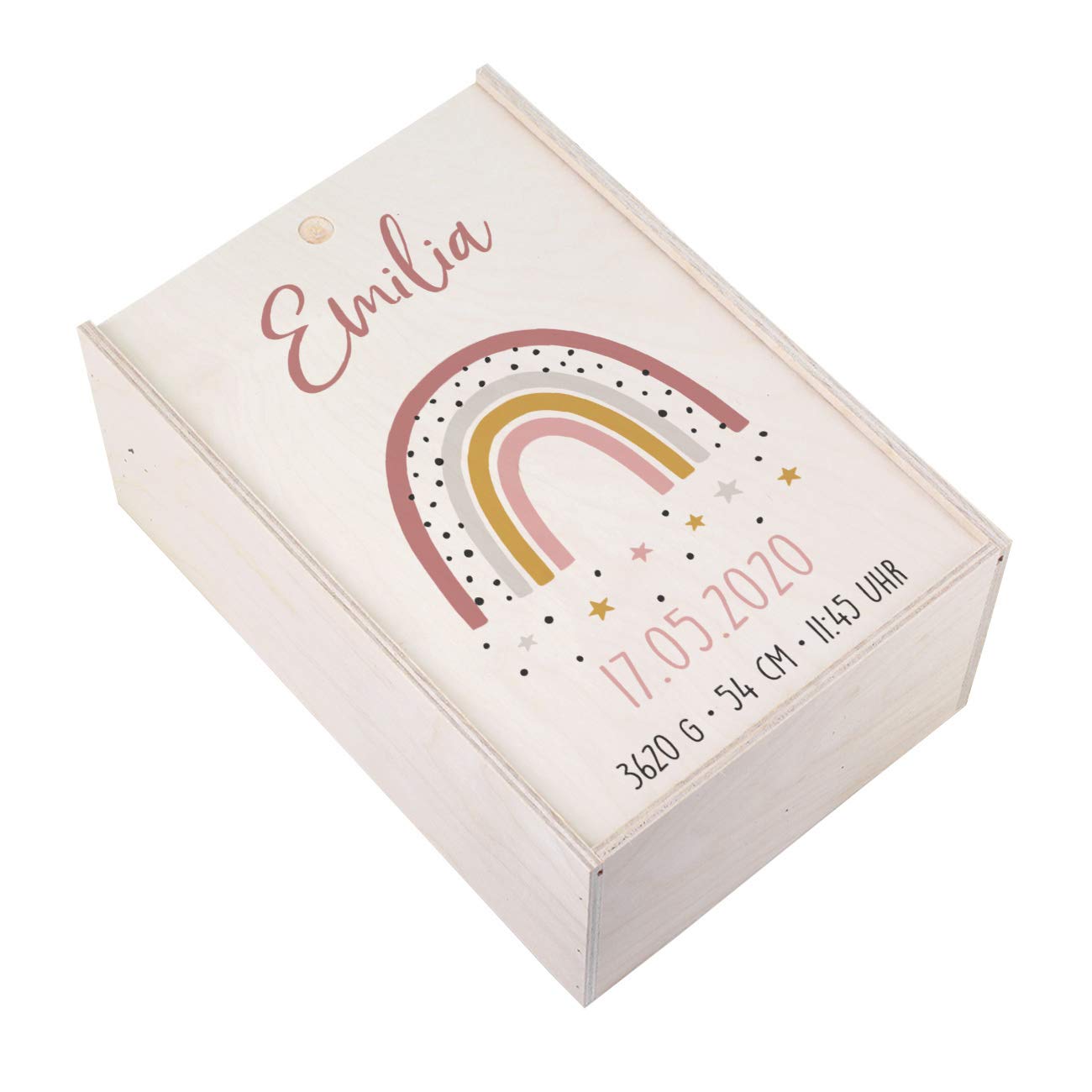 Striefchen® Holzbox zur Erinnerung an das erste Babyjahr oder als Geschenk zur Geburt - mit Namen des Kindes und Geburtsdaten bedruckt Regenbogen Rosa