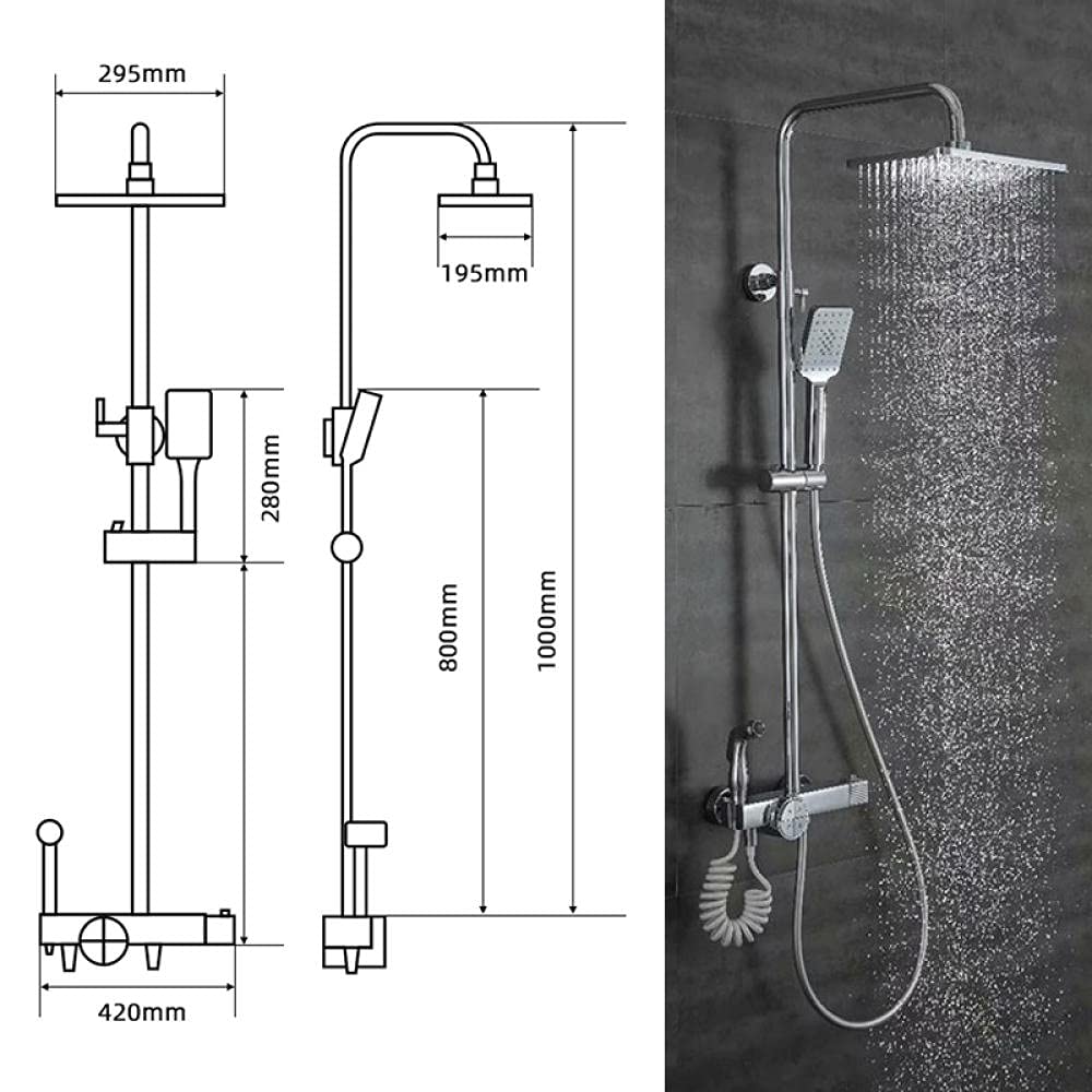 Set Doccia termostatico con Rubinetto a Pioggia, Caldo e Freddo, Nero, con Miscelatore per Bidet - Nero