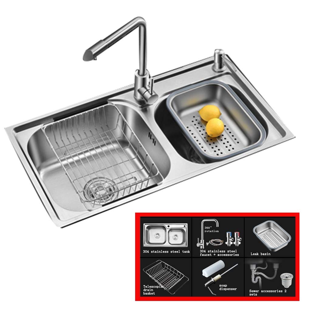 ZQFHSX Kitchen Sinks Fixtures Bar Sink Stainless Steel Double Basin Household Tableware Cleaning Pool (Color : Silver, Size 78 * 43cm)
