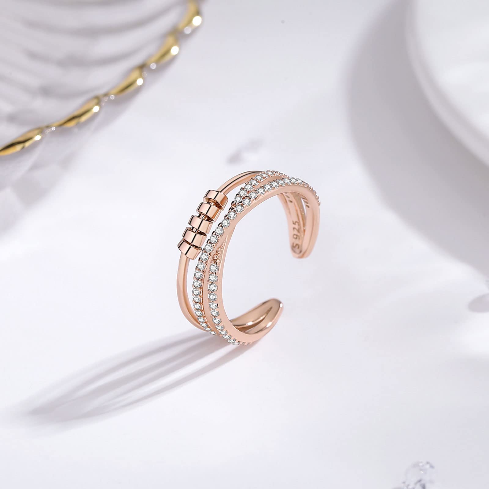 EUDORA Harmony Ball Anello Anti-Stress Anelli in Argento Sterling 925 con Perline Anelli Fidget Regolabili da Donna Anelli Anti Ansia Impilabili Anello per Ragazze Anelli Spinner da Donna