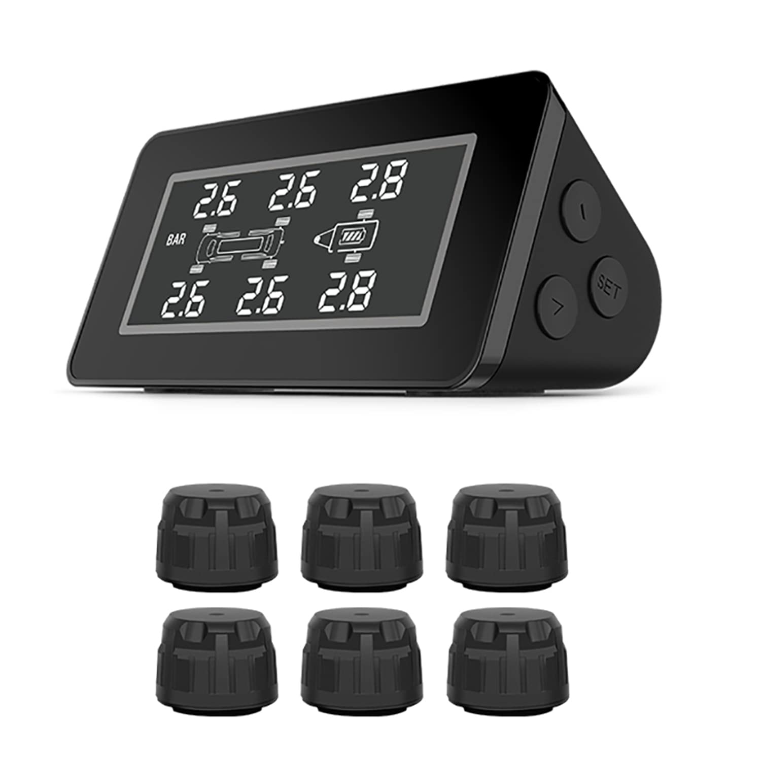 RUONIAN TPMS System monitorowania ciśnienia w oponach zasilanych energią słoneczną, z 6 zewnętrznymi czujnikami, wyświetlaczem LCD w czasie rzeczywistym i funkcją alarmu do kamperów, samochodów