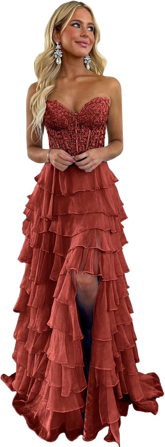 Lace Strapless Prom Dresses for Women 2026 Long Tiered Ruffles Chiffon Corset Formal Dress with Slit