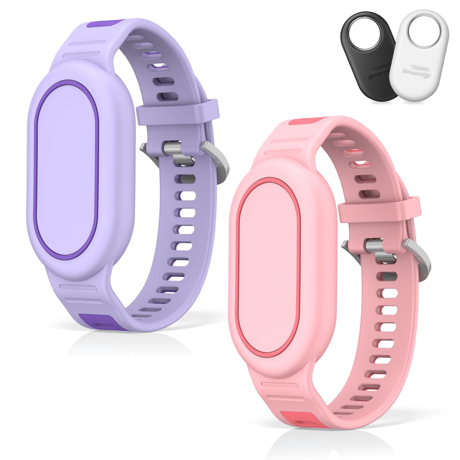 [2-Pack] Waterproof Bracelet Compatible for Samsung Galaxy SmartTag 2 (2023), Soft Silicone Full Coverage Protective Cover Hidden Smart Tag 2 Case for Kids Child Elderly (Pink+Purple)
