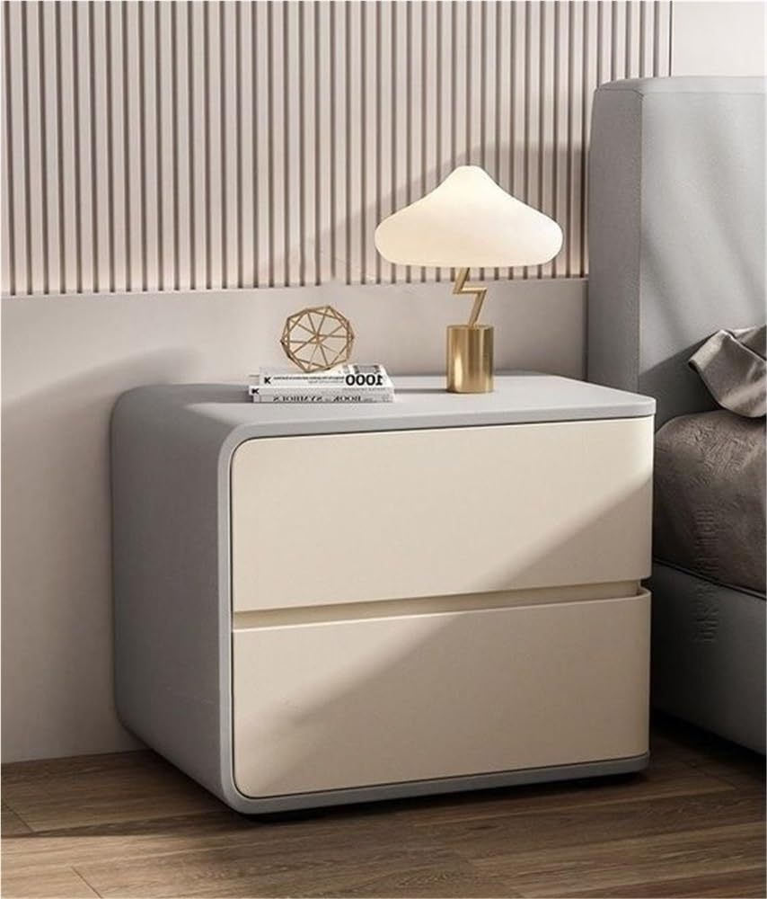 Modern with 2 Drawers, Leather Bedside Table, Solid Wood Frame, Curved Profile Design End Living Room Bedroom Storage Cabinet(Grey White-A,17.7x15.7x18.9in)