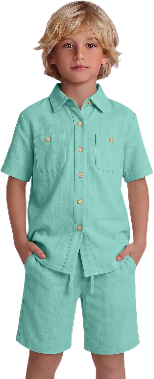 Boy's 2 Pieces Linen Outfit Summer Kid Beach Vacation Sets Short Sleeve Button Down Shirt and Shorts Pockets 5-14Y