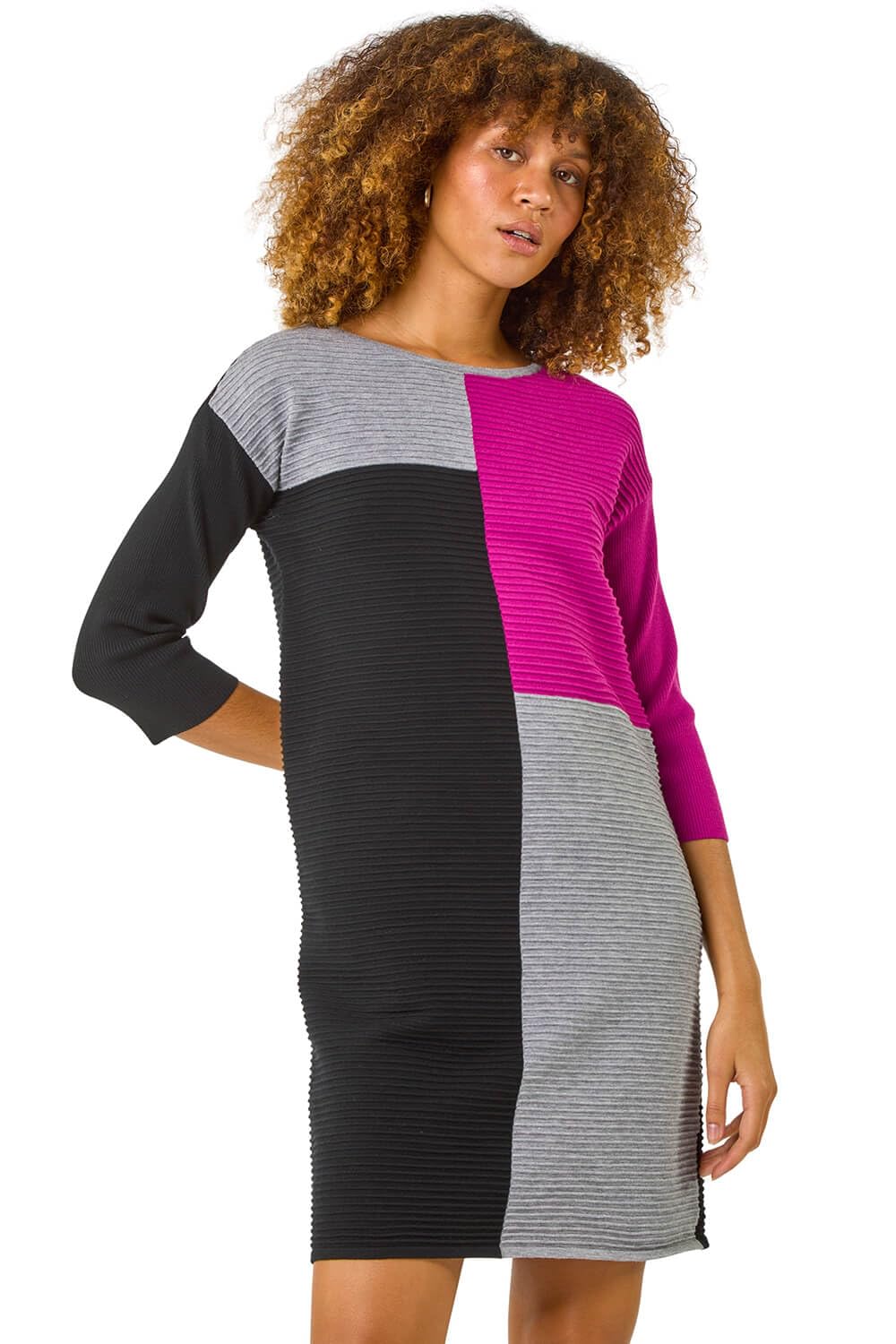 Roman Originals Women's Fuchsia Noir Roman Colour Block Ribbed Knit Dress For Uk - Autumn Everyday Winter Holiday Round Neckline Comfy 3/4 Sleeve Soft Knee Length Frock Office Desk Gowns - Size 16