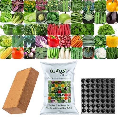 Image of SIVON Vegetable Seeds Combo For Your Home Garden 45 Varieties (2000 Seeds) | Coco Peat Brick (Expands Upto 5 Kg) And Germination Tray (49 Holes)