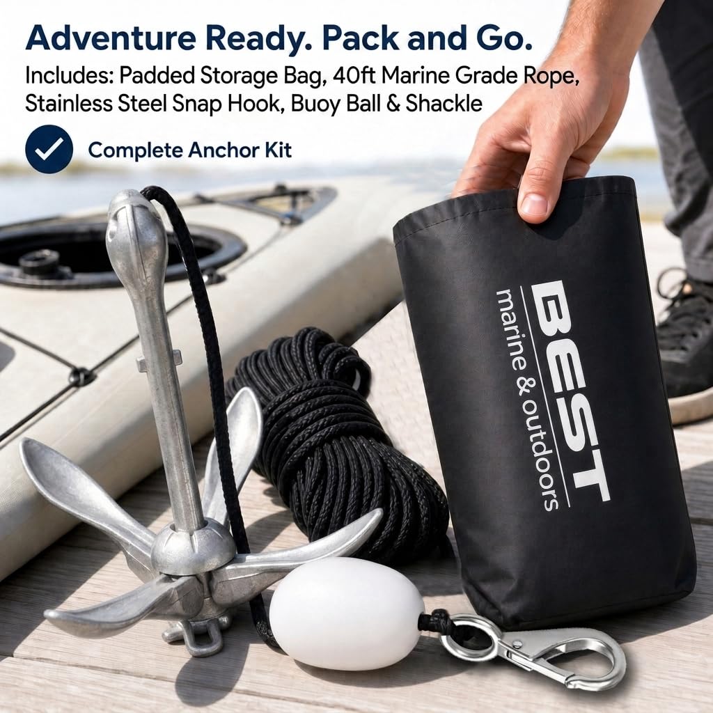 Best Marine Boat Anchor | Kit d'ancrage pour Kayak de 1,6 kg | Système d'ancrage Pliable pour Planche à pagaie Sup, Jet Ski, canoë et PWC | Accessoires de pêche pour Kayak | Ancrages Pliables et