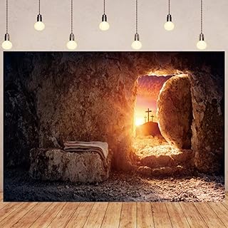 Leyiyi 7x5ft Empty Tomb Backdrop Jesus Christ Holy Light Sunset Stone Hole Photography Background Banner Three Crosses on Mountain Crucifix Lord Pray Easter Church Events Decor Studio Props