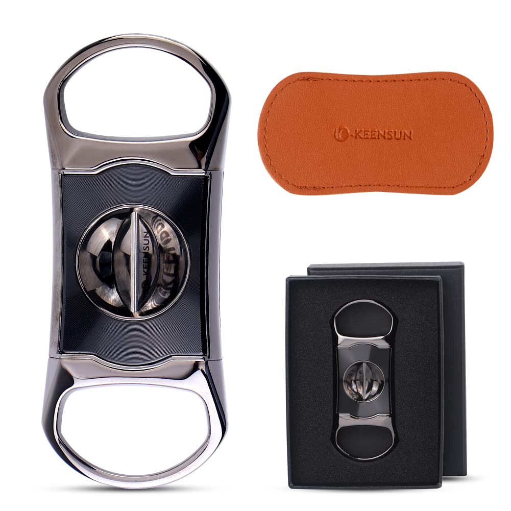 KEENSUN Zinc Alloy V-Cut Cigar Cutter (60 Ring Gauge),Gun Metal Color and Black Fine Grain Finish Shell