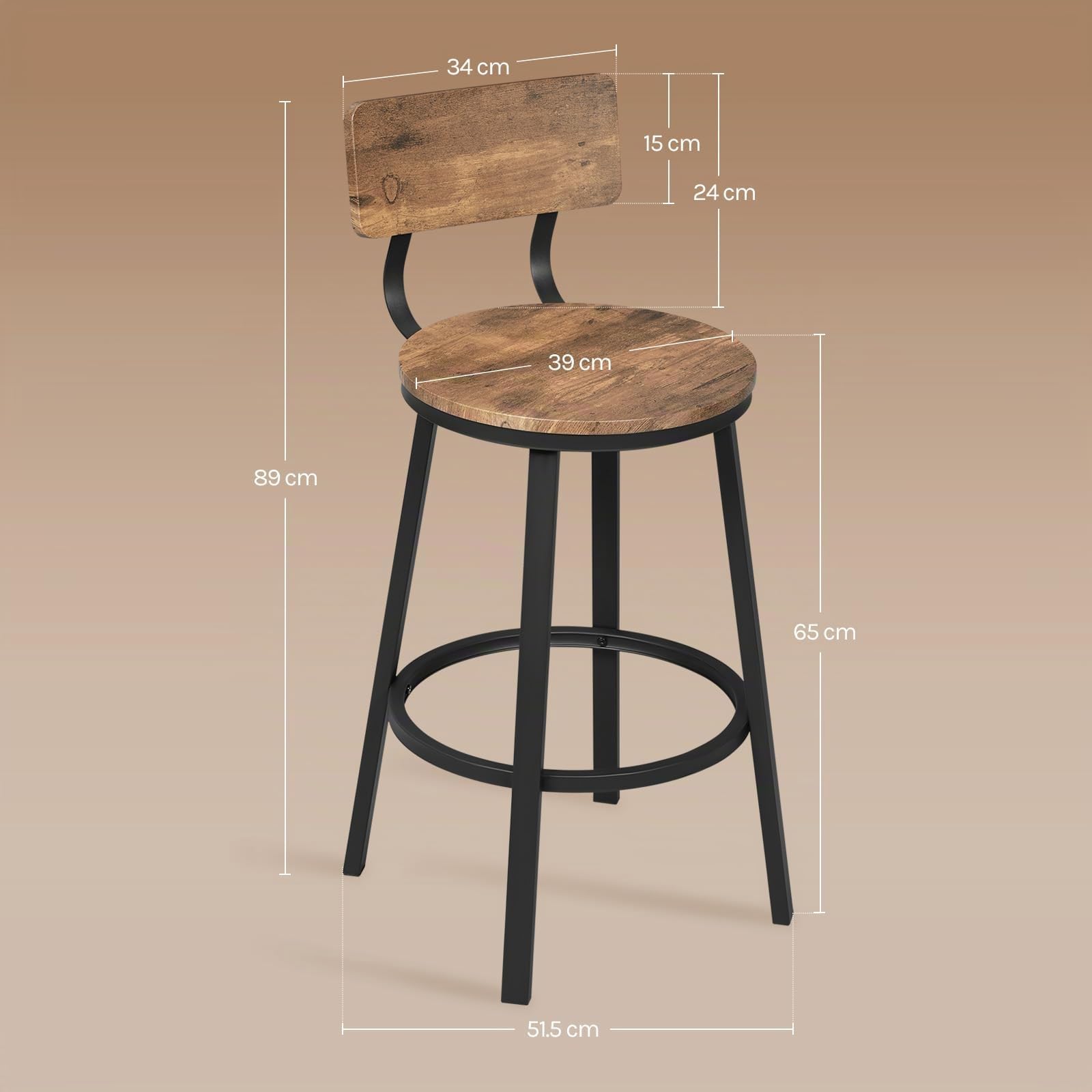 WOLTU Barhocker 2er Set, Barstuhl mit Rückenlehne, Industriestil, Braun