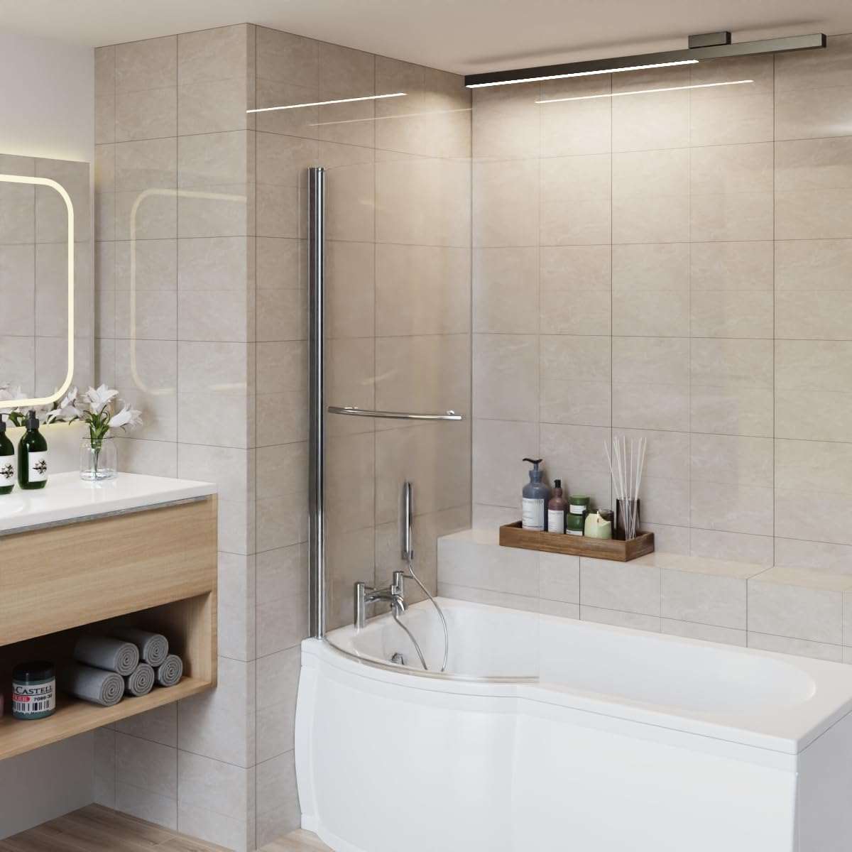 Aquariss 1400x785mm P Shape Pivot Bath Screen Panel Chrome with Handle