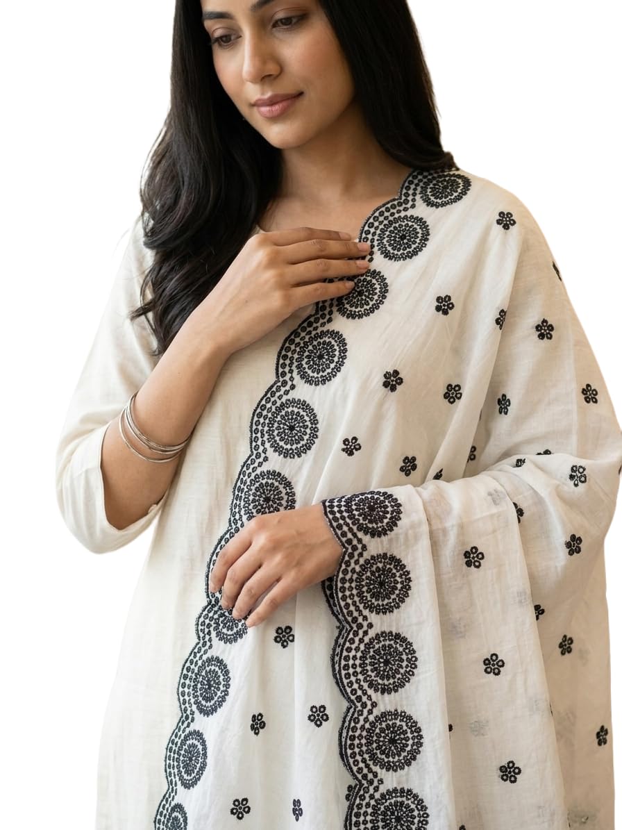 drape essence Women's Pure Mulmul Cotton Embroidered Dupatta with Black Floral Motif Work | Premium White Soft Mul Cotton Traditional Dupatta for Kurta/Suit.-picture-41