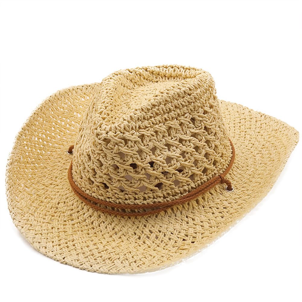 Men’s Western Cowboy Hat Wide Brim Shapeable Panama Straw Hat Summer Beach Sun Hat Outdoor Travel Cap with Chin Strap Beige