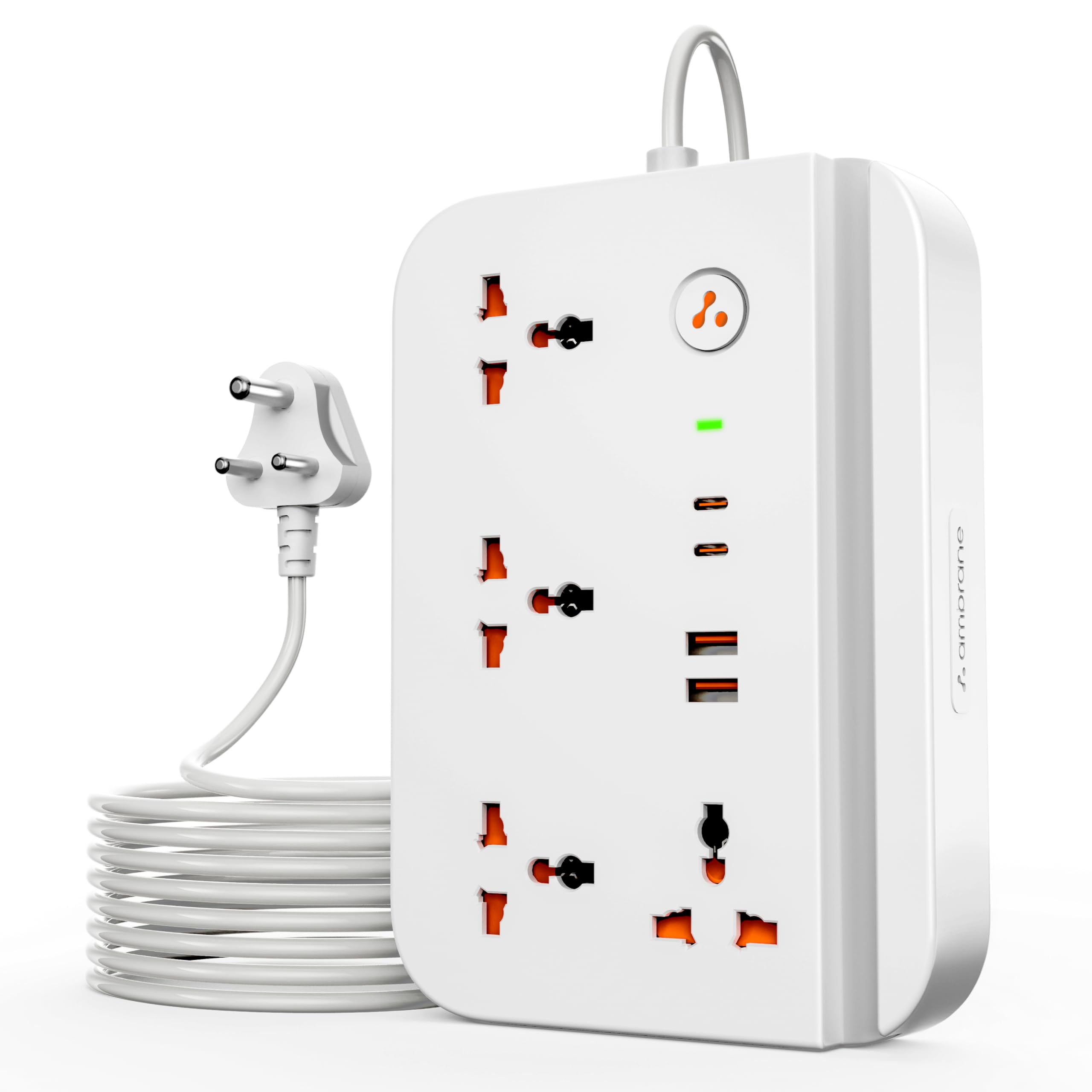 Ambrane Extension Board, 2 Type C, 2 USB, 4 International AC Sockets, Mobile Stand, 2500W Output, Surge Protection, Child Safety, 1.2m Long Cable for Office, Home Appliances (Smartstrip 6, White)-image-21