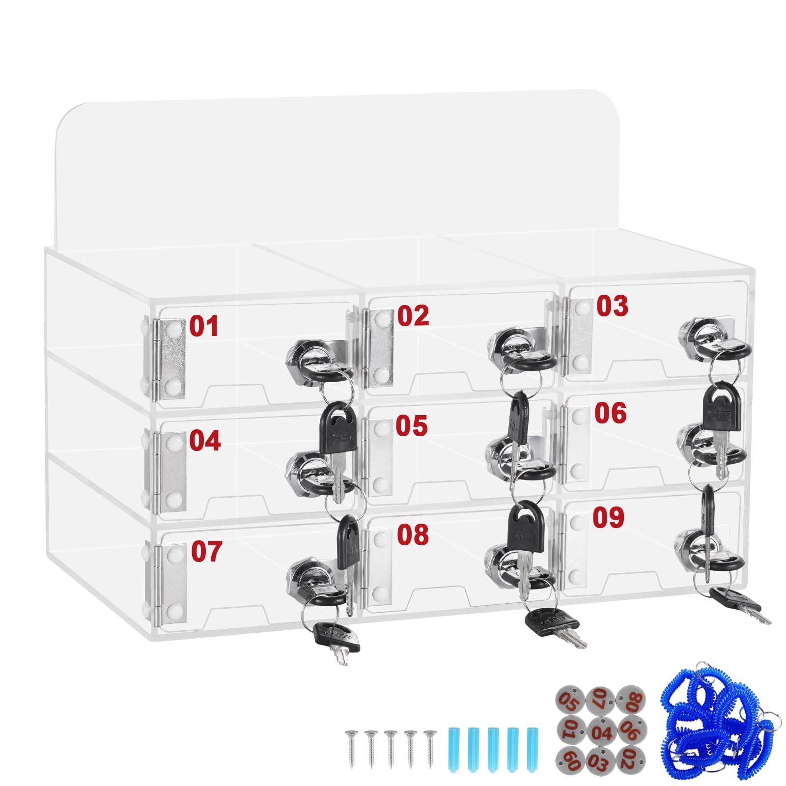 MXBAOHENG 9 Slots Cell Phone Storage Locker Acrylic Cell Phone Locker Box Cabinet Wall-Mounted Cell Phone Lock Box with Door Locks & Keys for Office School Classroom Gym