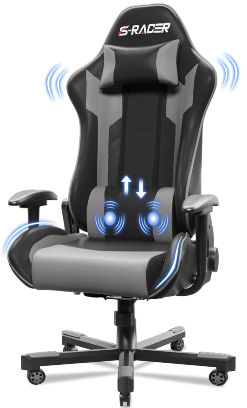 JUMMICO Ergonomiczne krzesło gamingowe, z podparciem okolic lędźwiowych, do komputera, z regulacją wysokości, obciążenie 150 kg, kolor szary