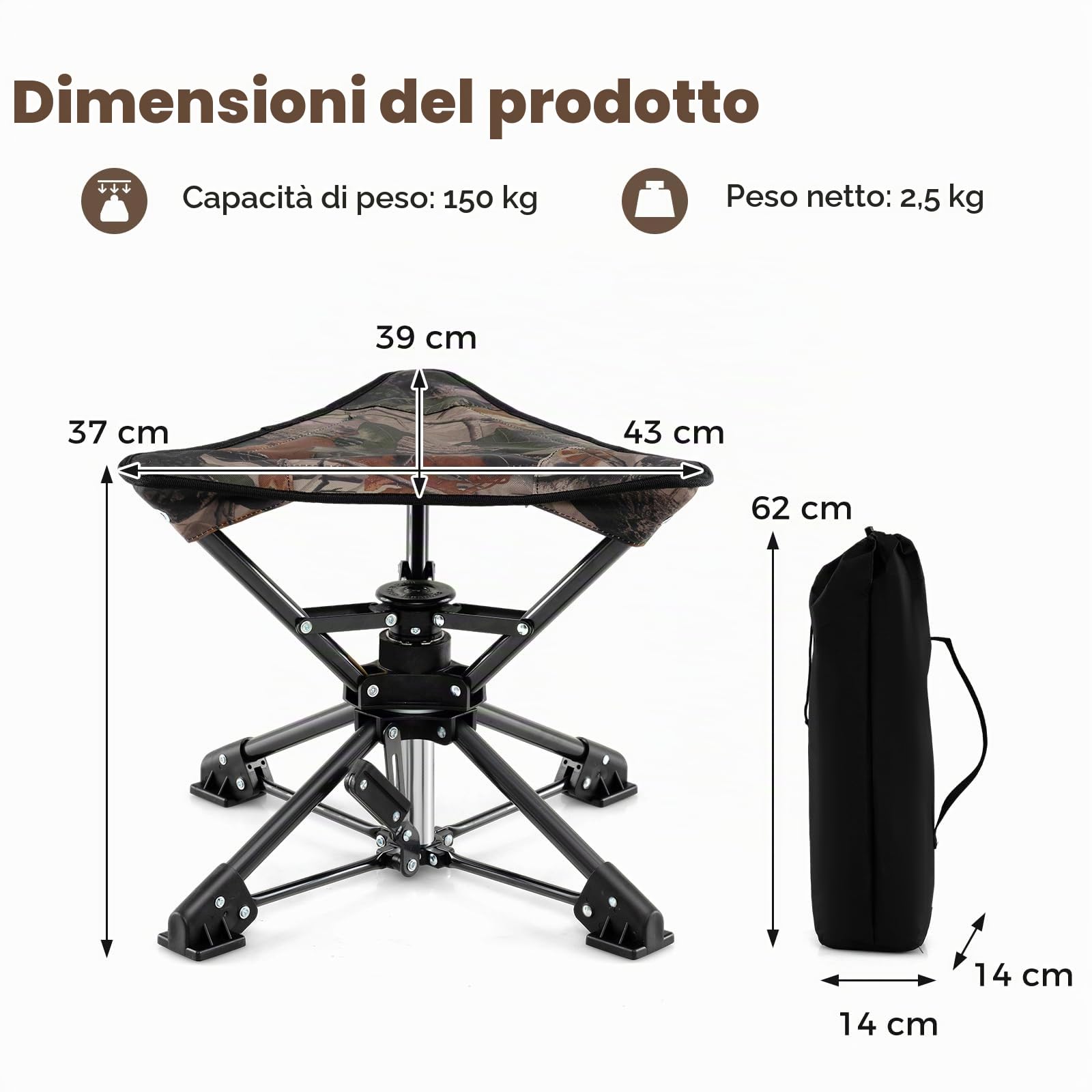 KOMFOTTEU Sgabello pieghevole da campeggio, sedia portatile da caccia con borsa da trasporto, sedile da pesca treppiede con base antiscivolo e carico 150 kg, per picnic, 43 x 39 x 37 cm (mimetico)