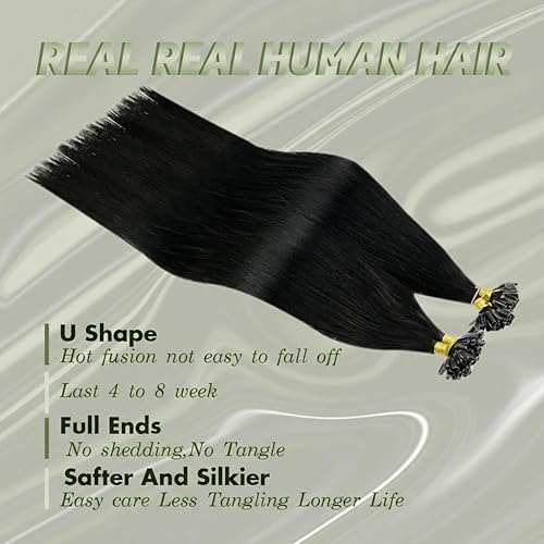 Miniatura 2 de RUNATURE Extensiones de cabello humano con queratina, color negro azabache con punta en U, extensiones de cabello humano real Remy preunido, 16