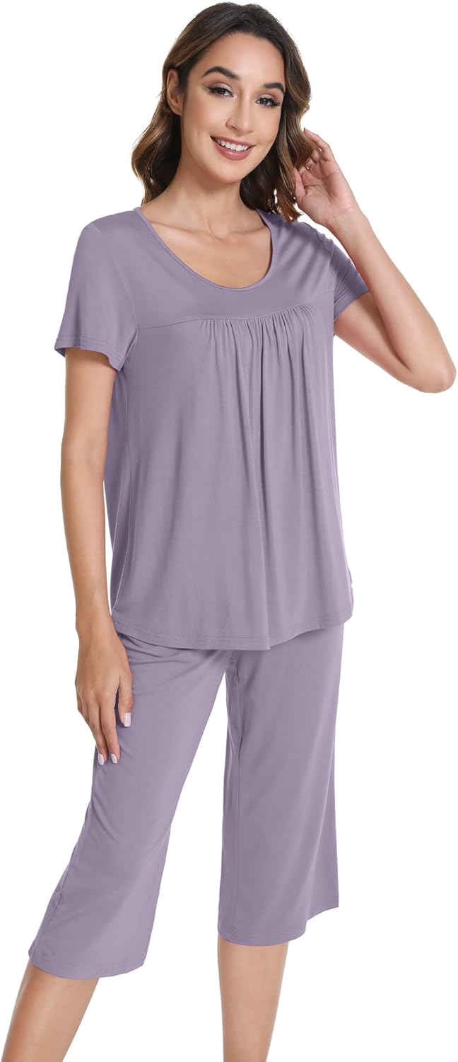 WiWi Pajamas for Women Soft Cooling Short Sleeve Sleepwear with Capri Pants Viscose from Bamboo Pjs Sets S-XXL - Image 4