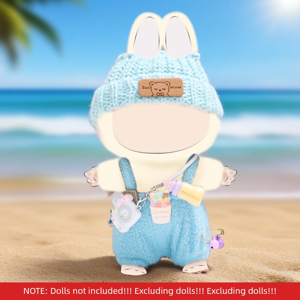PATPAT® Clothes for 17cm Dolls, Clothes Set for 17cm Plush Toys, Crochet Knitted 3 Piece Set Hat Clothes Mini Camera for Dolls, Stylish Cute Doll Dress up Accessories (No Doll) (Blue) - Image 6 thumbnail