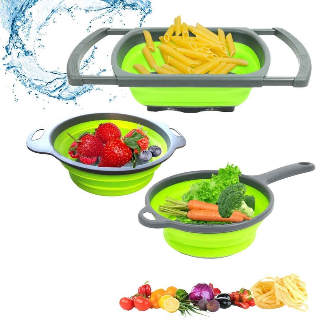 3 Pack Collapsible Colander Silicone Kitchen Strainers Foldable colanders with Extendable handles - Perfect for Draining Pastas, Fruits, Vegetables and salads.