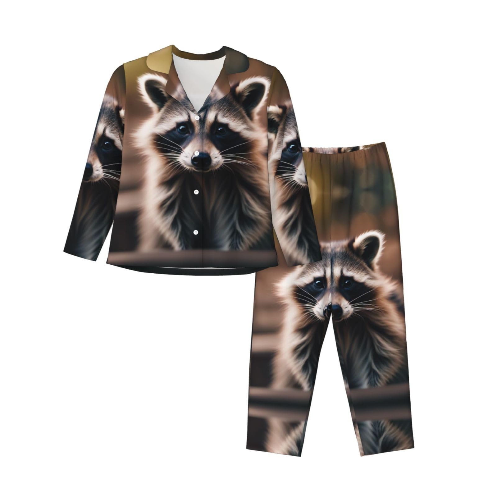 Cute Raccoon (1) Stampa Donne Manica Lunga Pigiama Set Giornaliero Lounge Sleepwear Due Pezzi Morbido Nightwear Wear