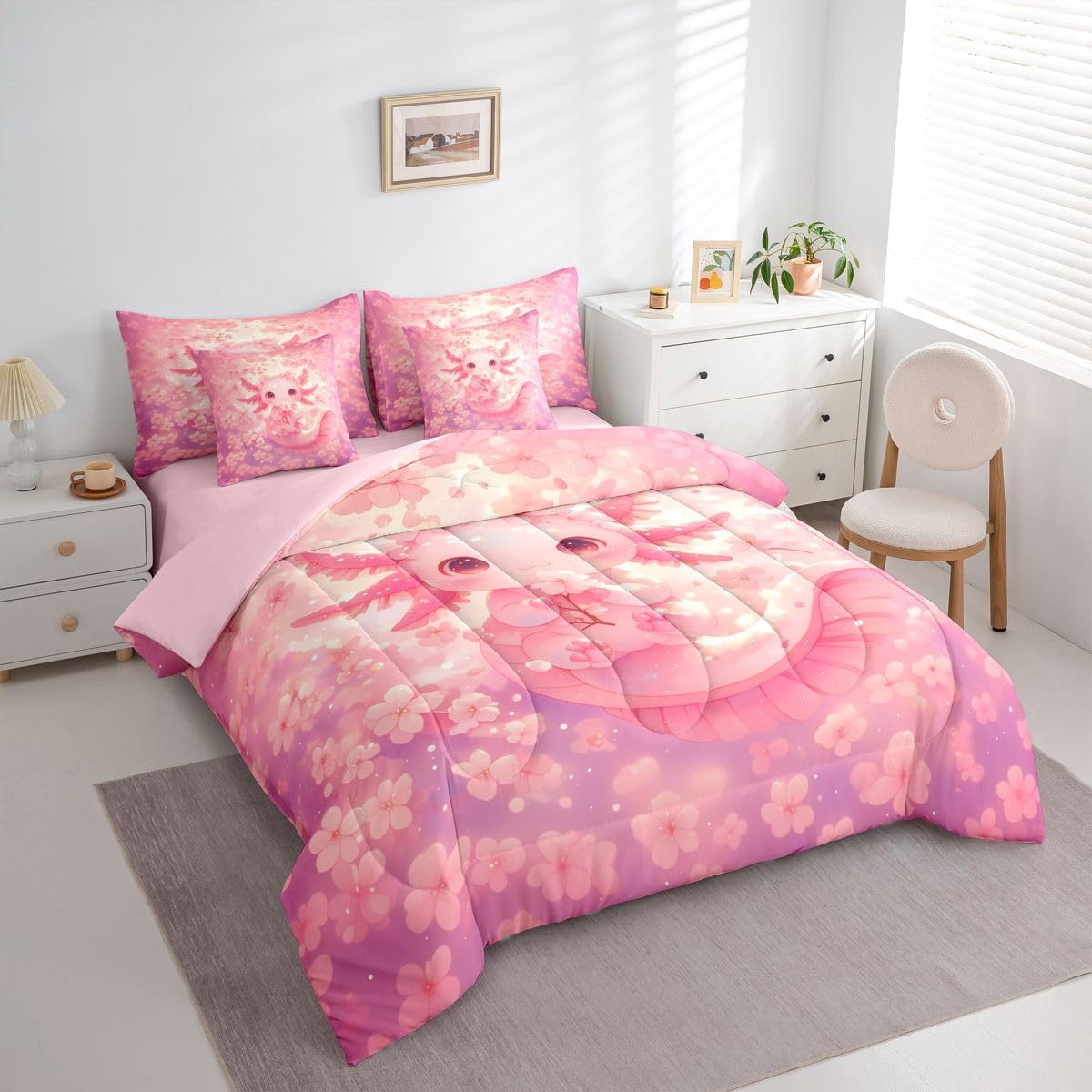 Feelyou Cute Pink Axolotl Queen Comforter Set with Sheets for Kids Boys Girls Flower Axolotl 7 Pieces Bedding Set Cartoon Animal Bed in a Bag Room Decor Soft Lightweight Microfiber
