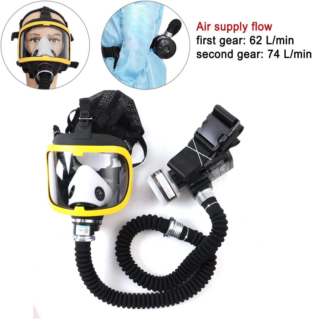 PAPR Respirator System - Powered Air Purifying Full Face Respirator Mask with 40mm Filter, 74L/min Dual Flow, 7H Runtime Gas Mask for Paint, Welding, Industrial Protection