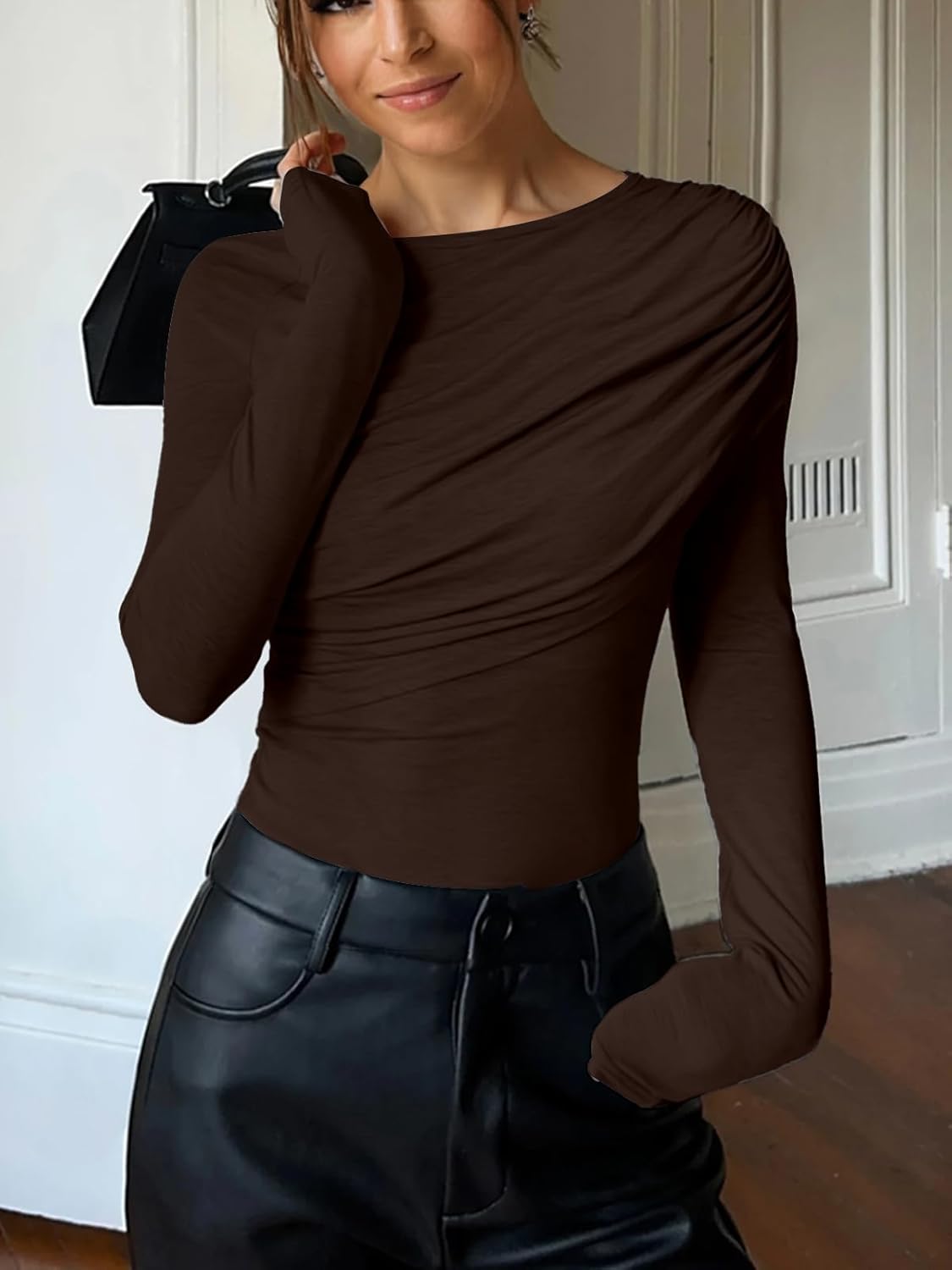 Cicy Bell Womens Long Sleeve Pleated Tops Fall Crew Neck Fitted Shirts Y2k Going Out Casual Ruched Blouse - Image 2