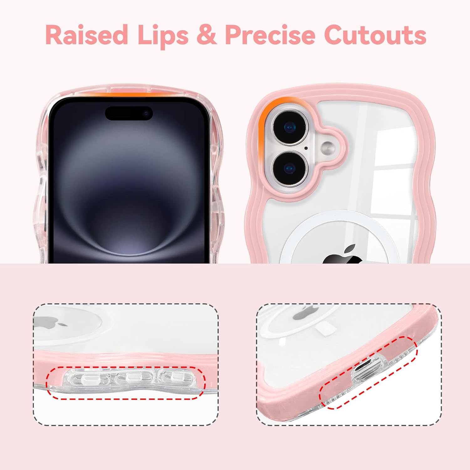QLTYPRI Magnetic for iPhone 16 Case Compatible with Magsafe, Cute Curly Wave Frame Clear Case for Girls Women, Transparent TPU Bumper Shockproof Protective Phone Cover for iPhone 16 - Pink - Image 3