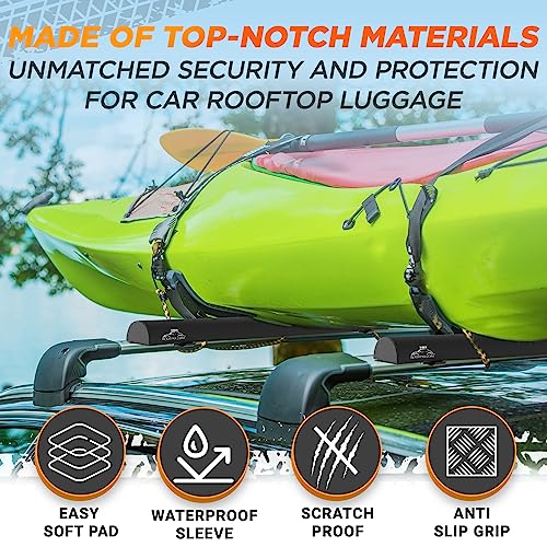 RoofPax Universal Roof Rack Soft Pads and Easy Pull Straps for Cross Bars - The Ultimate Kayak Car Rack and Surfboard Roof Rack Pads for SUP, Canoe, and Vehicle Rooftop Bag