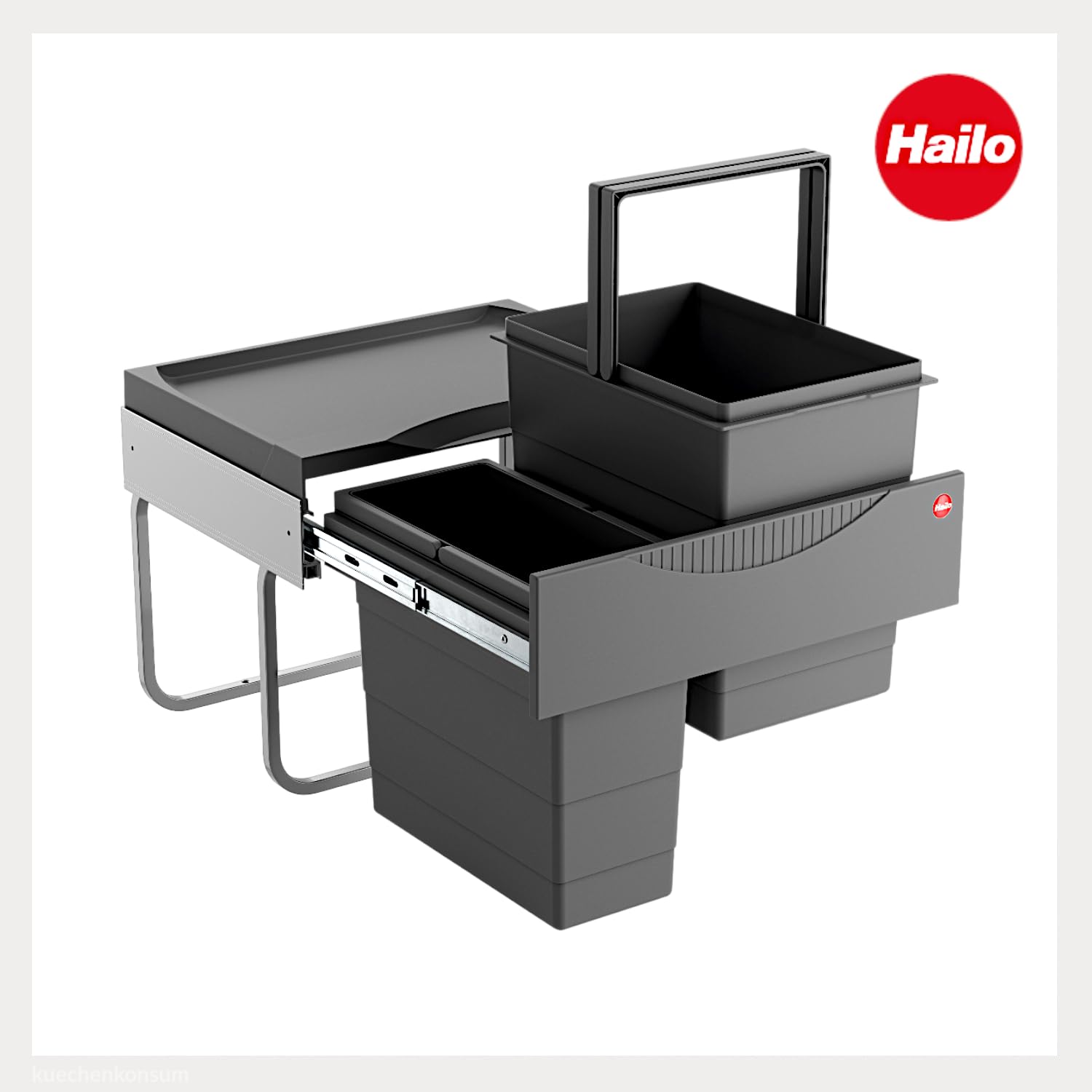 Hailo Abfallsammler 3644901 | 2fach Raumspar Tandem | 18 + 12L Inneneimer | ab 50 cm breiten Unterschrank mit Drehtür | Dunkelgrau