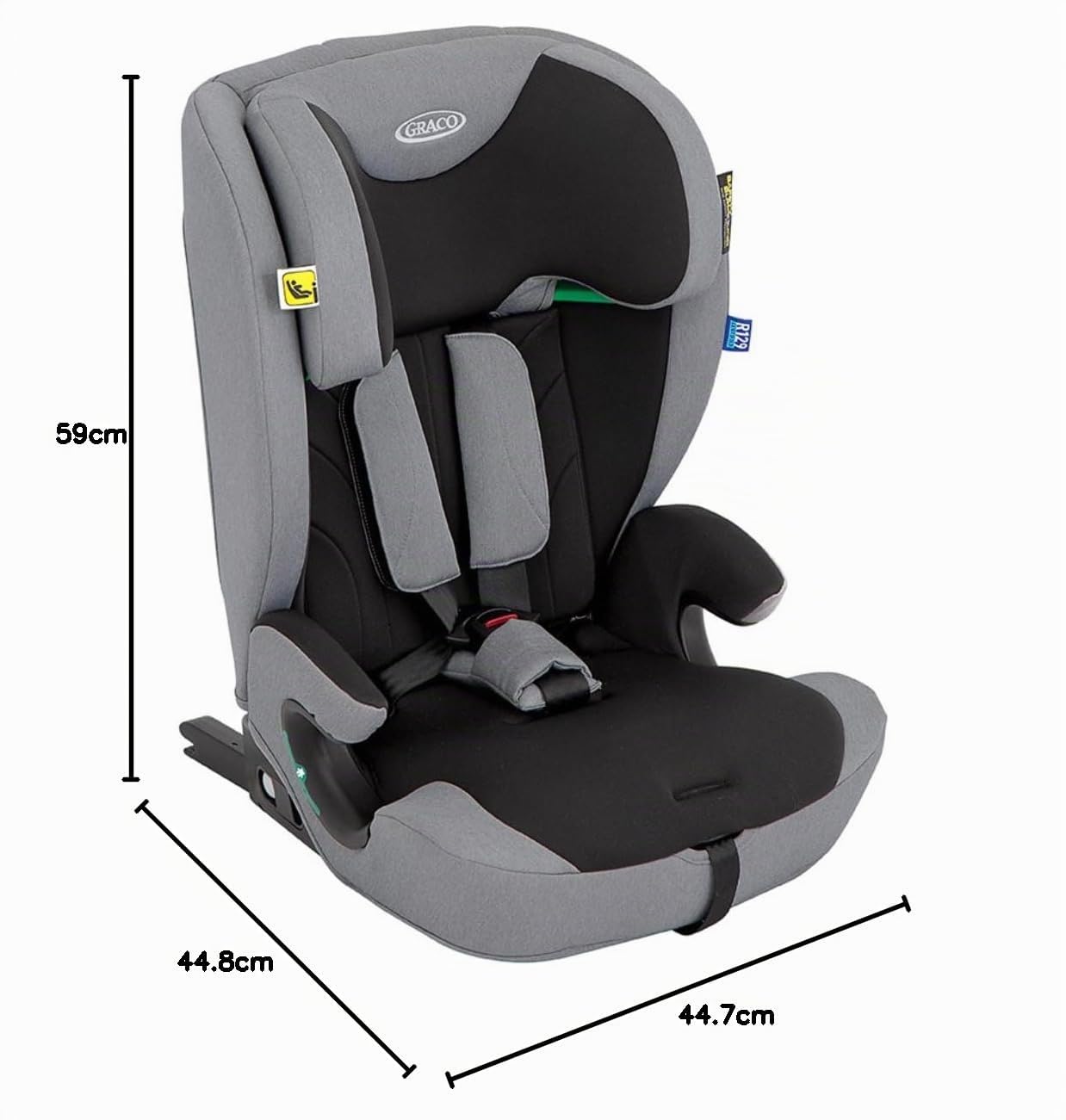 Graco Energi i-Size R129, rehausseur à harnais 2-en-1 ISOFIX avec attache supérieure, de 76 à 150 cm (de 15 mois jusqu'à environ 12 ans), face à la route, gris/noir, Meteor