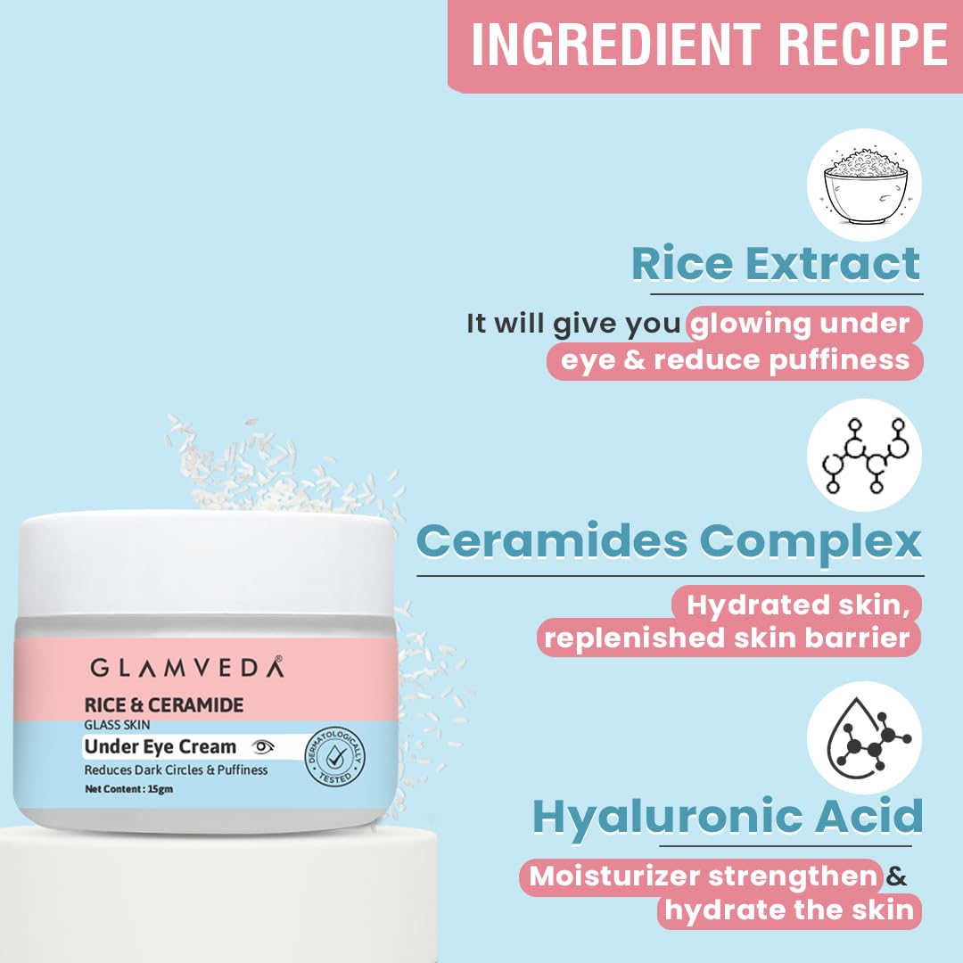 Glamveda Korean Rice & Ceramide Under Eye Cream | Reduces Dark Circles, Puffiness, Wrinkles & Fine Lines | Eye Cream for Dry & Sensitive Skin | For Men & Women 15gm — Amazon image 3