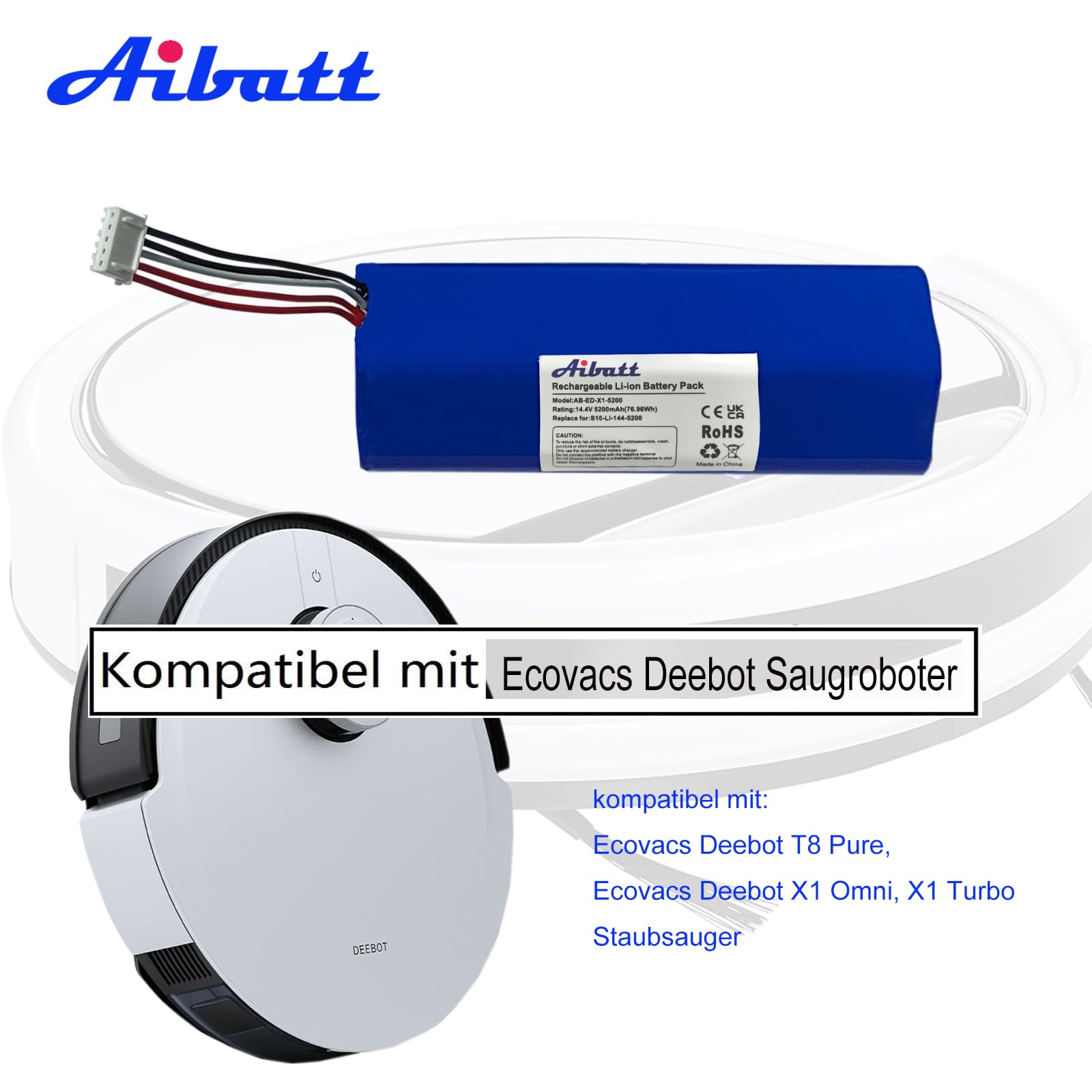 5200mAh Ersatzakku für Ecovacs Deebot T8 Pure, T8+, Deebot T9, Deebot T20 Omni, Deebot T10, Deebot X1, Deebot Ozmo 950, Deebot T5 Max Staubsauger.(14.4V/74.88Wh)